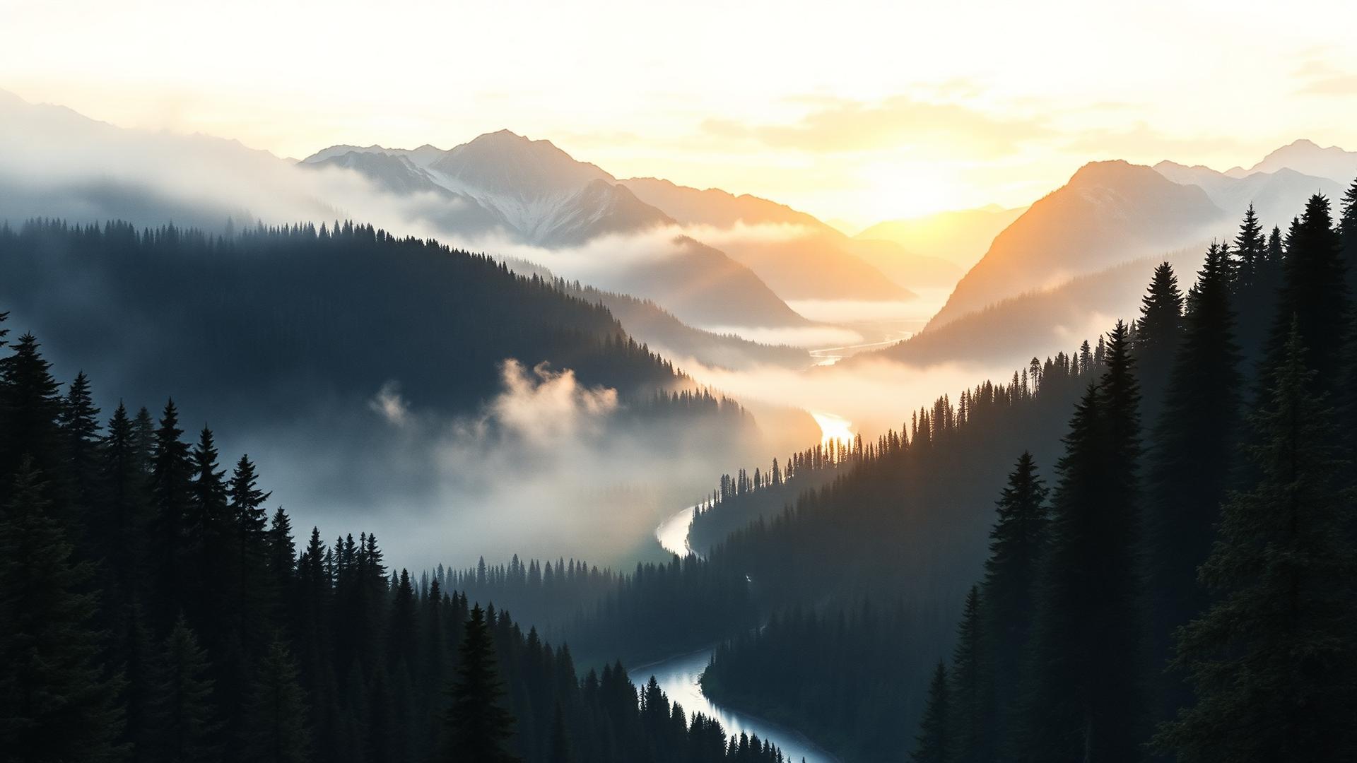 Misty mountain valley at dawn